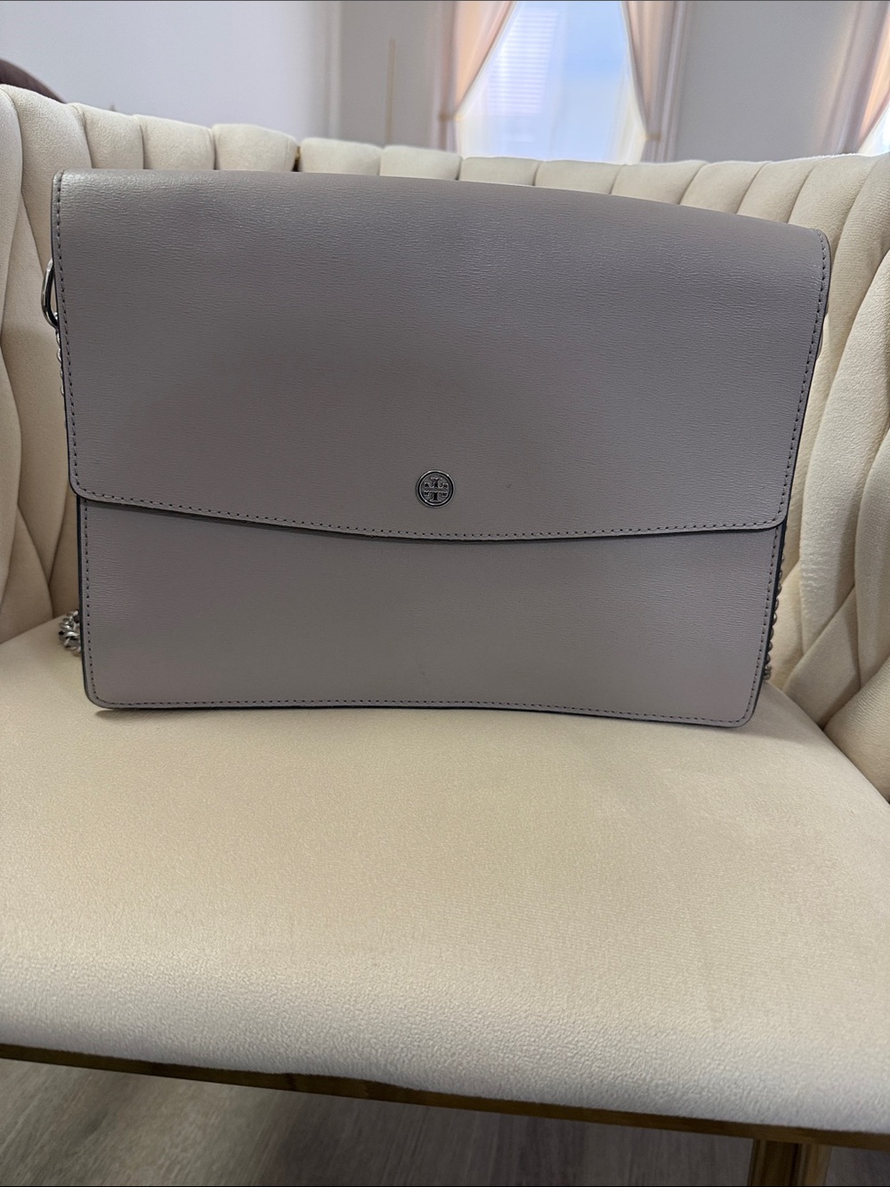Tory Burch Light Gray Leather Flap Crossbody